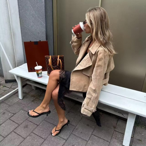 Women's British Style Faux Suede Short Jacket With Belt Elegant Beige Lapel Windbreaker Coat For Autumn Office Commuter Lady