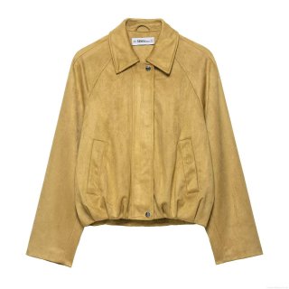Women's Faux Suede Jacket Short Baseball Coat With Turn-down Collar And Metal Zipper Raglan Sleeve Loose Outerwear For Autumn Winter Ladies Casual Vintage Style Ginger Yellow Tops
