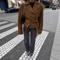 Women's Suede Short Jacket Double Breasted Belted Trench Coat British Style Lapel Autumn Winter Outerwear for Ladies