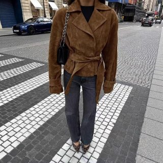 Women's Suede Short Jacket Double Breasted Belted Trench Coat British Style Lapel Autumn Winter Outerwear for Ladies