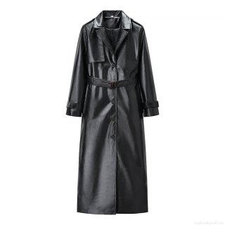 Women's Long PU Leather Trench Coat With Belt Suit Collar Windproof Faux Leather Jacket Streetwear Solid Black Outerwear For Autumn Winter