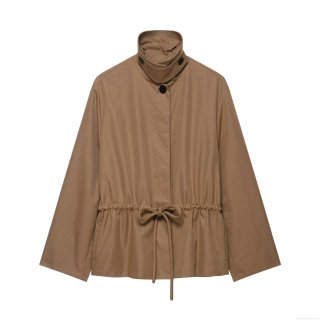 Women's British Style Stand Collar Utility Jacket With Waist Drawstring Autumn Winter Solid Color Long Sleeve Short Parka Coat For Daily Wear