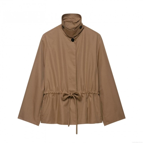 Women's British Style Stand Collar Utility Jacket With Waist Drawstring Autumn Winter Solid Color Long Sleeve Short Parka Coat For Daily Wear