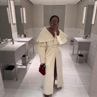 Women Long Woolen Coat Elegant Large Lapel Belted Overcoat British Style Polyester Fabric Warm Outerwear Jacket For Autumn Winter Ladies