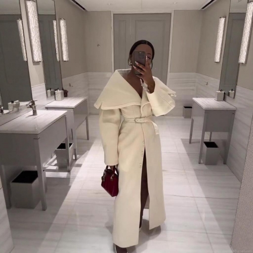 Women Long Woolen Coat Elegant Large Lapel Belted Overcoat British Style Polyester Fabric Warm Outerwear Jacket For Autumn Winter Ladies