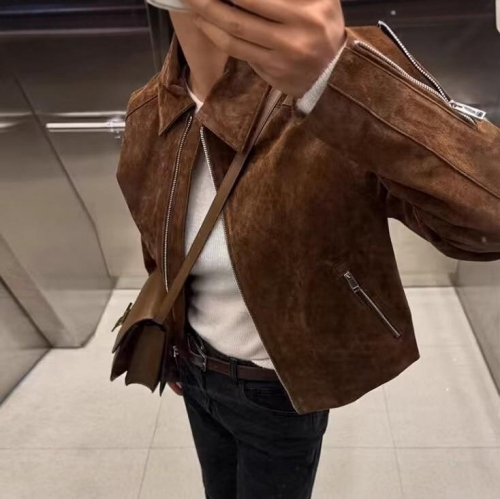 Women Suede Biker Jacket Vintage Dark Brown Cropped Moto Coat With Metal Zippers Streetwear Fall Winter Faux Suede Short Outwear