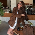 Women Suede Jacket Maillard Brown Retro Loose Workwear Lapel Button Coat With Pockets Long Sleeve Fall Outerwear For Ladies Fashion Casual Top