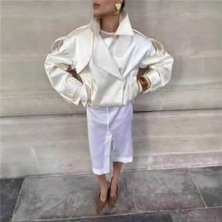 Women's Oversized Short Utility Jacket Windbreaker With Satin Luster Double Breasted Drawstring Hem Epaulets Streetwear Lapel Outerwear Coat