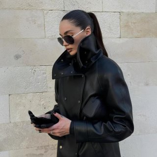 Women's Cool Streetwear PU Leather Jacket Coat With High Collar Waist Drawstring Press Stud Long Sleeve Outerwear For Autumn Winter Ladies Fashion