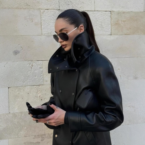 Women's Cool Streetwear PU Leather Jacket Coat With High Collar Waist Drawstring Press Stud Long Sleeve Outerwear For Autumn Winter Ladies Fashion