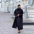 Women's Matrix Style Stand Collar Black Extra Long Trench Coat Loose Fit Polyester Winter Overcoat With Leather Strap Detail Elegant Lady Streetwear Windbreaker Jacket