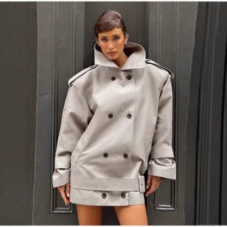 Women's Short Trench Coat 100% Polyester High Neck Double Breasted Loose Fit Biker Jacket With Belt Epaulets Autumn Winter Sophisticated Outerwear For Women