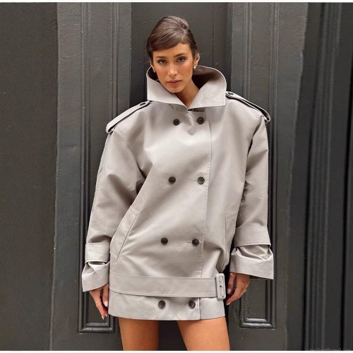 Women's Short Trench Coat 100% Polyester High Neck Double Breasted Loose Fit Biker Jacket With Belt Epaulets Autumn Winter Sophisticated Outerwear For Women