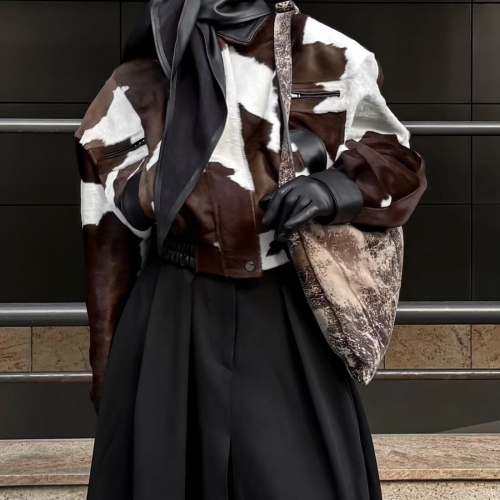 Women's Fashion Cow Print Faux Fur Jacket With PU Leather Patchwork Street Style Lapel Short Coat Autumn Winter Thick Outwear