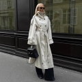 Women's Extra Long Trench Coat High Neck Double Breasted Polyester Windbreaker With Belt British Style Autumn Winter Overcoat For Women Commute