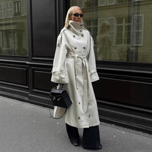 Women's Extra Long Trench Coat High Neck Double Breasted Polyester Windbreaker With Belt British Style Autumn Winter Overcoat For Women Commute
