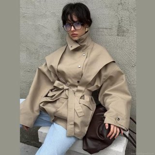 Women's High Neck Polyester Windbreaker Jacket With Belted Waist And Large Pockets Oversized Streetwear Autumn Outerwear For Ladies