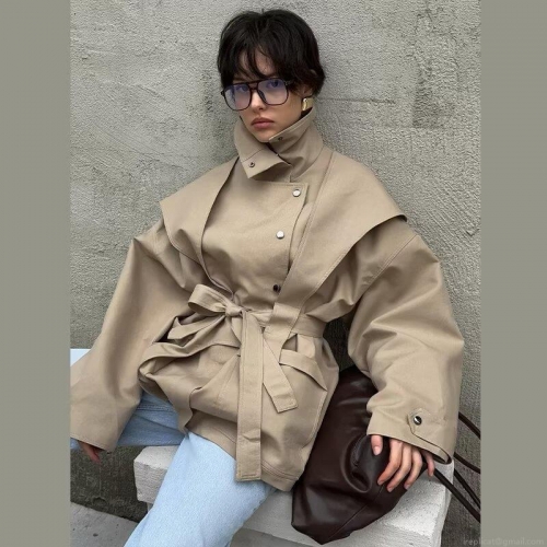 Women's High Neck Polyester Windbreaker Jacket With Belted Waist And Large Pockets Oversized Streetwear Autumn Outerwear For Ladies