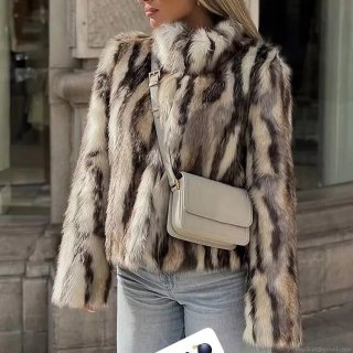 Women's Faux Fur Jacket Animal Print Zip Up High Neck Warm Thick Overcoat Autumn Winter Streetwear Outerwear Faux Fur Coat With Polyester Lining