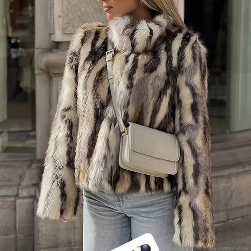 Women's Faux Fur Jacket Animal Print Zip Up High Neck Warm Thick Overcoat Autumn Winter Streetwear Outerwear Faux Fur Coat With Polyester Lining