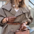 Women's Vintage British Style Houndstooth Woolen Coat Double Breasted Short Jacket With Standing Collar Epaulettes Plaid Long Sleeve Outwear For Autumn Winter Casual Daily Streetwear