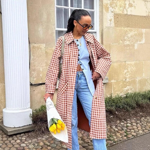 Women's Vintage Plaid Trench Coat Long Polyester Single Breasted Lapel Loose Overcoat For Autumn Winter Elegant Streetwear Fashion Outwear