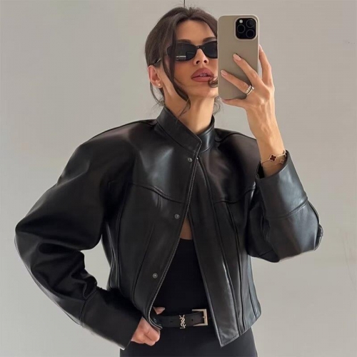 Women's Faux Leather Moto Jacket Streetwear Slim Short PU Leather Coat With High Neck For Autumn Winter Black Outwear