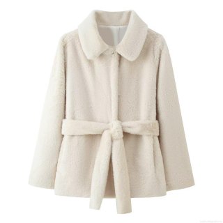 Elegant Faux Fur Coat With Belt Women Autumn Winter Long Sleeve Plush Jacket Lapel Neck Solid Color Warm Outerwear Streetwear