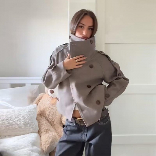 Women's Short Woolen Coat Double Breasted High Neck British Style Khaki Warm Winter Jacket Casual Commuter Outwear For Ladies