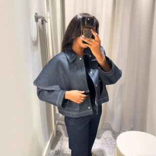 Women's Cape Style Denim Jacket Turn-down Collar Loose Fit Short Outerwear With Contrast Stitching Metal Buttons For Streetwear Casual Daily Wearing