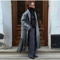 Women's Long Woolen Coat With Fringe Tassels Double Breasted Grey Autumn Winter Street Fashion British Style Outerwear For Ladies