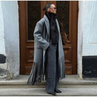 Women's Long Woolen Coat With Fringe Tassels Double Breasted Grey Autumn Winter Street Fashion British Style Outerwear For Ladies