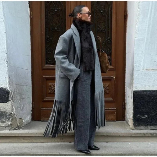 Women's Long Woolen Coat With Fringe Tassels Double Breasted Grey Autumn Winter Street Fashion British Style Outerwear For Ladies