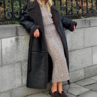 Women's Faux Leather Shearling Long Coat Winter Warm Thick Fur Lined Trench Coat With Belt Streetwear Fashion Outerwear For Ladies