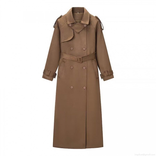 Women's Double Breasted Suede Trench Coat With Belt Epaulettes Long Sleeve Lapel Loose Fit Autumn Winter Warm Outerwear Fashion Brown Solid Color Streetwear Style Jacket Coat
