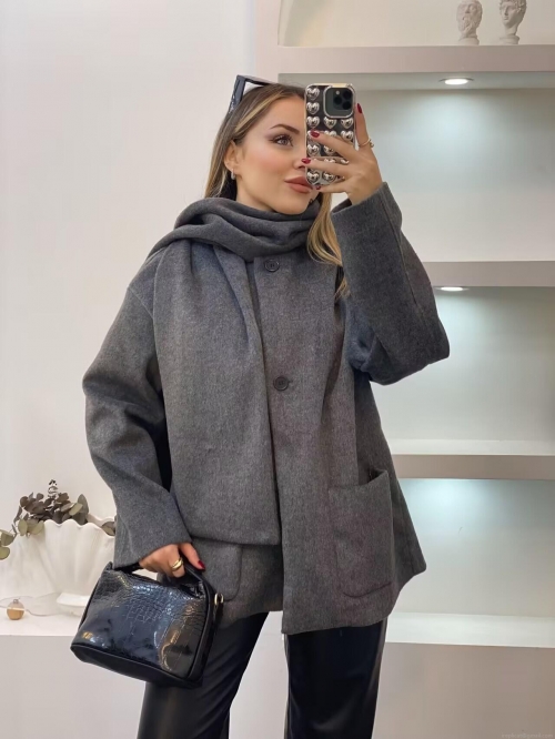 Women's Woolen Coat With Matching Scarf Single Breasted Solid Color Mid-Length Jacket Warm Outerwear For Autumn Winter Casual Streetwear Ladies