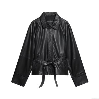 Women's PU Leather Jacket Long Sleeve Turn-Down Collar Outerwear With Waist Tie Belt Solid Black Streetwear Faux Leather Coat For Autumn Winter Casual Daily Lady Jacket
