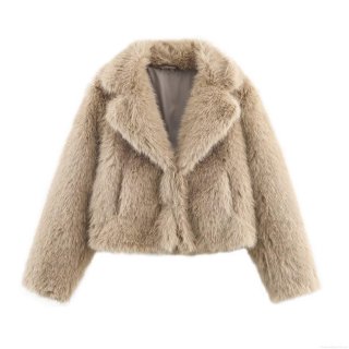 Women's Faux Fur Short Coat Autumn Winter Lapel Collar Long Sleeve Plush Jacket Casual Street Style Polyester Faux Fur Outerwear For Women Khaki
