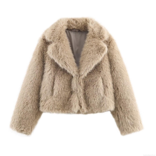 Women's Faux Fur Short Coat Autumn Winter Lapel Collar Long Sleeve Plush Jacket Casual Street Style Polyester Faux Fur Outerwear For Women Khaki