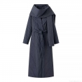 Women Autumn Navy Blue Pinstripe Trench Coat With Scarf And Belt Single Breasted Polyester Windbreaker Outerwear Casual Long Jacket
