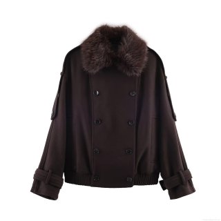 Women's Coffee Brown Faux Fur Collar Wool Blend Jacket Double Breasted Short Coat With Ribbed Hem Winter Streetwear Outerwear For Women