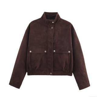 Women's Faux Suede Jacket Stand Collar Solid Color Zipper Front Outerwear with Pockets Streetwear Autumn Winter Casual Brown Coat