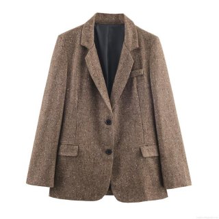 Women's Herringbone Tweed Blazer Jacket Lapel Long Sleeve Single Breasted Suit With Pockets Autumn Winter Casual Office Outerwear