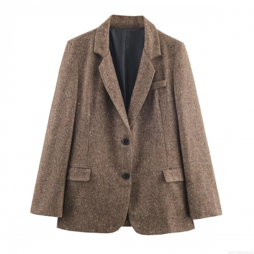 Women's Herringbone Tweed Blazer Jacket Lapel Long Sleeve Single Breasted Suit With Pockets Autumn Winter Casual Office Outerwear