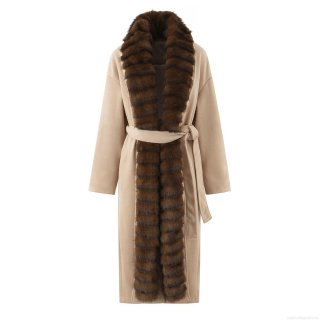 Women's Long Woolen Coat With Faux Fur Collar Khaki Splicing Design Tie-Up Belt Winter Warm Elegant Trench Coat Outerwear For Women