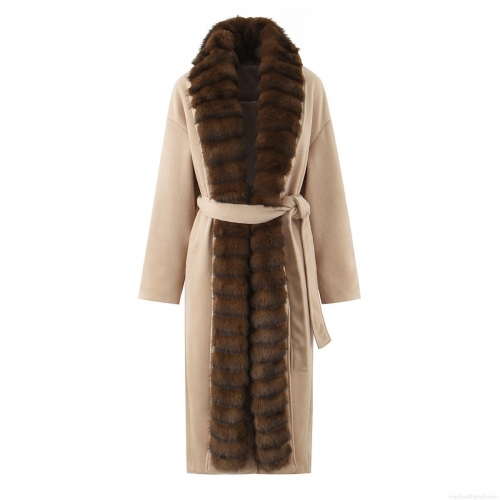 Women's Long Woolen Coat With Faux Fur Collar Khaki Splicing Design Tie-Up Belt Winter Warm Elegant Trench Coat Outerwear For Women