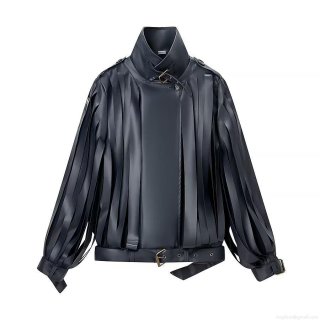 Women's PU Leather Jacket With Tassel Fringe Long Sleeve Lapel Collar Moto Biker Outwear Zip Up Coat For Autumn Winter Streetwear Chic Black