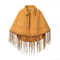 Women's Ginger Yellow Faux Suede Fringe Poncho Cape Jacket Tassel Hem Lapel Loose Sleeveless Short Outerwear Streetwear Autumn Winter Coat