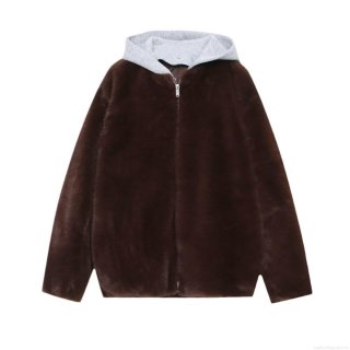 Women's Faux Fur Hooded Jacket Autumn Winter Warm Oversized Zip Up Coat With Knitted Grey Hood Splicing Patchwork Outerwear Lady Streetwear