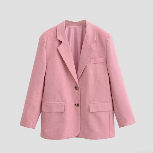 Women's Casual Pink Polyester Blazer Notch Lapel Long Sleeve Two Button Suit Jacket With Pockets For Spring Autumn Streetwear